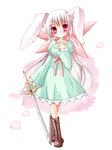  animal_ears bad_id bad_pixiv_id blush bunny_ears hand_on_own_chest long_hair looking_at_viewer meiya_neon pixiv_fantasia pixiv_fantasia_wizard_and_knight red_eyes smile solo sword very_long_hair weapon 