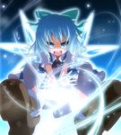  aiming_at_viewer blue_eyes blue_hair bobby_socks bow cirno do_(4-rt) dress hair_bow highres ice ice_wings light_particles looking_at_viewer magic open_hand open_mouth outstretched_arms perspective ribbon shoes short_sleeves sky socks solo star_(sky) starry_sky teeth touhou wings 