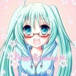  arms_behind_back bad_id bad_pixiv_id blush breasts cleavage eighth_note glasses green_hair happy_birthday long_hair medium_breasts meiya_neon musical_note open_mouth original solo star 