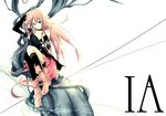  aonoe bare_shoulders boots braid character_name ia_(vocaloid) long_hair looking_at_viewer mismatched_legwear pink_hair single_thighhigh sitting skirt solo thighhighs twin_braids very_long_hair vocaloid 