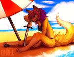  bikini canine clothed clothing falvie female fox hindpaw mammal paws seaside skimpy solo sonia swimsuit sword weapon 