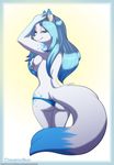  aqua arctic_fox blue_eyes blue_hair butt canine clothed clothing covering creamytea cutie_mark female fox hair looking_at_viewer looking_back mammal panties skimpy solo tattoo topless underwear 