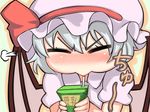  bat_wings blue_hair blush closed_eyes dress drinking drinking_straw gigokku hat juice_box mouth_hold puffy_cheeks remilia_scarlet short_hair solo steam sucking touhou wings 