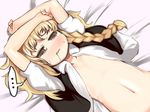  1girl arms_up blonde_hair blush braid brown_eyes empty_eyes gigokku kirisame_marisa long_hair navel open_clothes open_mouth open_shirt saliva shirt solo tears touhou 