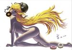  all_fours bakemonogatari blonde_hair breasts cosplay doughnut food hat kiss-shot_acerola-orion_heart-under-blade large_breasts long_hair monogatari_(series) mouth_hold nipples nude scrap_iron solo very_long_hair yellow_eyes 