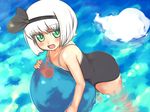  ball beachball black_hairband blush gigokku green_eyes hair_ribbon hairband konpaku_youmu konpaku_youmu_(ghost) one-piece_swimsuit open_mouth ribbon short_hair silver_hair smile solo swimsuit touhou water 