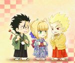  2boys :&lt; ahoge arrow artoria_pendragon_(all) bc_vo-k black_hair blonde_hair chibi fan fate/zero fate_(series) folding_fan gilgamesh green_eyes hamaya japanese_clothes kimono lancer_(fate/zero) mole mole_under_eye multiple_boys no_nose obi red_eyes saber sandals sash yellow_eyes 