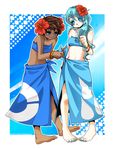  2girls barefoot blue_nails dark_skin elite_four feet flower fuyou_(pokemon) genderswap ginkun hair_accessory hair_ornament mikuri_(pokemon) multiple_girls nail_polish pokemon pokemon_(game) pokemon_champion pokemon_emerald pokemon_rse toenail_polish toes 