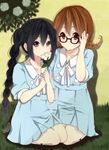  alternate_hairstyle bad_id bad_pixiv_id bespectacled black_hair blue_dress braid brown_eyes brown_hair dress flower glasses hirasawa_yui k-on! k-on!_movie long_hair minazuki_(0038) multiple_girls nakano_azusa rose short_hair singing! twin_braids twintails 