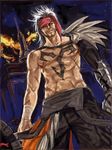  arisue_kanako brown_eyes brown_hair chest_tattoo dark_skin dark_skinned_male dutch_angle facial_hair final_fantasy final_fantasy_x fire headband jecht long_hair looking_away male_focus muscle pants sash scar shirtless single_bare_arm smile solo tattoo weapon 