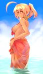  ahoge back bare_back blonde_hair breasts brown_eyes character_request copyright_request dark_skin gradient_sarong huge_ahoge large_breasts looking_back ocean orange_sarong ponytail sarong sideboob solo tro wading water wet 