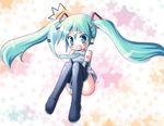  bad_id bad_pixiv_id blush covering covering_crotch detached_sleeves green_eyes green_hair hatsune_miku long_hair meiya_neon necktie no_panties open_mouth solo star surprised thighhighs twintails v_arms very_long_hair vocaloid 