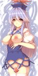  breasts breasts_outside brown_eyes censored hat kamishirasawa_keine large_breasts lavender_hair lily_white long_hair nipples novelty_censor solo thighhighs touhou tro white_legwear 