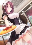  1girl absurdres breasts copyright_request dutch_angle food garter_straps highres ichikawa_noa omurice panties pantyshot striped striped_panties thighhighs tray underwear waitress 