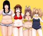  4girls anepiza-senpai animal_ears belly belly_grab blush bow breasts chubby hair_bow happy highres kamisuki large_breasts long_hair looking_at_viewer mouse_ears multiple_girls open_mouth plump short_hair simple_background smile twintails yellow_background 