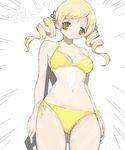  bikini blonde_hair blush breasts cleavage drill_hair from_below mahou_shoujo_madoka_magica medium_breasts navel side-tie_bikini solo swimsuit thigh_gap tomoe_mami toshi_(little-fluffy-cloud) twin_drills twintails yellow_eyes 