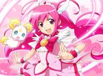  blue_eyes bow candy_(smile_precure!) choker creature cure_happy eyelashes heart heart_background hoshizora_miyuki long_hair magical_girl pink pink_background pink_bow pink_choker pink_eyes pink_hair pink_skirt pk_(miyasanti) precure ribbon skirt smile smile_precure! sparkle twintails 