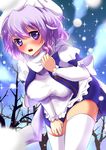  apron blush breasts covered_nipples hat large_breasts lavender_hair letty_whiterock open_clothes open_mouth open_shirt purple_eyes scarf shirt short_hair skirt snow snowing solo thighhighs touhou tree white_legwear white_scarf yrzirst 