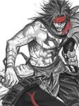  angry arisue_kanako armor bandages chest_tattoo clenched_teeth facial_hair fighting_stance final_fantasy final_fantasy_x headband jecht long_hair looking_at_viewer male_focus monochrome muscle red sash scar shirtless single_bare_arm solo spot_color standing tattoo teeth weapon 