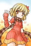  aki_shizuha akou_roushi alternate_costume arm_up arm_warmers blonde_hair blush detached_sleeves dress hair_ornament leaf leaf_hair_ornament leaf_on_head plaid plaid_scarf ribbed_sweater scarf short_hair smile solo sweater sweater_dress touhou yellow_eyes 