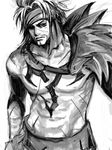  arisue_kanako chest_tattoo facial_hair final_fantasy final_fantasy_x greyscale headband jecht long_hair looking_away male_focus monochrome muscle scar shirtless solo standing tattoo white_background 