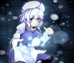  apron bad_id bad_pixiv_id blush breasts ginji74 hat highres large_breasts lavender_hair letty_whiterock purple_eyes scarf short_hair skirt snow snowing solo touhou white_scarf 