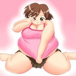  1girl blush breasts brown_eyes brown_hair covering embarrassed fat kneeling large_breasts looking_at_viewer midriff miniskirt no_bra obese pink_background rokolo short_hair skirt solo tank_top undersized_clothes 