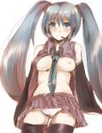  aqua_eyes aqua_hair blush breasts detached_sleeves frown hatsune_miku headset long_hair medium_breasts necktie nipples open_clothes open_shirt panties shikkoku_sheets shirt simple_background skirt sleeves_past_wrists solo thighhighs twintails underwear very_long_hair vocaloid white_background 