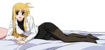  absurdres bed blonde_hair breasts cleavage dress_shirt fate_testarossa full_body highres incredibly_absurdres large_breasts long_hair lying lyrical_nanoha mahou_shoujo_lyrical_nanoha_strikers military military_uniform okuda_yasuhiro open_mouth pantyhose pencil_skirt pillow red_eyes shirt skirt smile transparent_background tsab_executive_military_uniform uniform vector_trace 