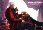  1girl alcohol archer black_legwear breasts brown_hair cup dark_skin drinking_glass fate/stay_night fate_(series) hair_ribbon height_difference jacket long_hair medium_breasts red_jacket ribbon scarlet_desires thighhighs toosaka_rin turtleneck two_side_up white_hair wine wine_glass 