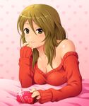  bad_id bad_pixiv_id blush breasts brown_hair cleavage extra gift heart k-on! long_hair looking_at_viewer medium_breasts off_shoulder shian_(my_lonly_life.) smile solo sweater tachibana_himeko upper_body yellow_eyes 