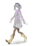  bag black_hair boots brown_eyes copyright_request hatikou headphones pantyhose scarf short_hair smile solo walking 