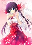  book bow cherry_blossoms copyright_request gohei hair_bow japanese_clothes jpeg_artifacts miko oonusa rei_(rei's_room) solo twintails 