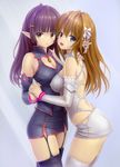  bare_shoulders bracelet breasts brown_eyes brown_hair cleavage cleavage_cutout detached_sleeves elf garter_straps hair_ornament hair_ribbon hand_on_neck highres hime_cut holding_hands interlocked_fingers jewelry kanzeon long_hair looking_at_viewer medium_breasts miniskirt multiple_girls open_mouth original pointy_ears purple_hair purple_legwear ribbon shirt silver_eyes simple_background skindentation skirt smile taut_clothes taut_shirt thighhighs white_legwear zettai_ryouiki 