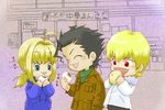  2boys :3 ^_^ ahoge artoria_pendragon_(all) baozi bc_vo-k black_hair blonde_hair blush bracelet casual chibi closed_eyes earrings eating fate/zero fate_(series) food gilgamesh green_eyes hood hoodie jacket jewelry lancer_(fate/zero) mole mole_under_eye multiple_boys no_nose ponytail red_eyes saber 