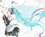  aqua_hair bad_id bad_pixiv_id detached_sleeves floating_hair hatsune_miku headset hisame long_hair musical_note necktie open_mouth simple_background skirt solo twintails very_long_hair vocaloid white_background 