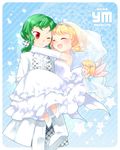  bare_shoulders blonde_hair bow bridal_veil carrying closed_eyes doll dress elbow_gloves formal gloves green_hair hair_bow hair_ornament hug juuno_(nekoda) kazami_yuuka medicine_melancholy multiple_girls one_eye_closed open_mouth princess_carry red_eyes short_hair smile su-san suit tiara touhou veil wedding_dress white_dress white_suit wife_and_wife wings yuri 