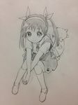  backpack bag bakemonogatari bow graphite_(medium) hachikuji_mayoi hair_bow hands_clasped looking_at_viewer monochrome monogatari_(series) namori own_hands_together sitting sketch skirt smile solo traditional_media twintails x_arms 