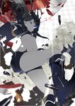  arm_cannon arms_up bikini_top black_hair black_rock_shooter black_rock_shooter_(character) blue_eyes boots bullet burning_eye cannon coat falling from_below glowing glowing_eye highres long_hair midriff navel ribs saitou_yuu shell_casing shorts solo twintails weapon 