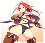  ahoge armpits bikini black_bikini boots braid breasts brown_gloves capelet dual_wielding gloves highres holding knife long_hair medium_breasts navel original red_eyes red_hair reverse_grip solo swimsuit thigh_boots thighhighs umakatsuhai underboob 