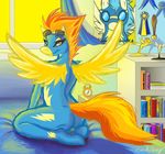  2012 alarm_clock book bookcase butt candyfoxy equine eyewear female friendship_is_magic goggles hair kneeling mammal medal my_little_pony orange_eyes orange_hair pegasus poster ribbons skinsuit solo spitfire spitfire_(mlp) trophy window wings wonderbolts wonderbolts_(mlp) 