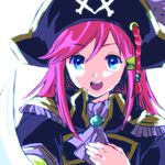  :d bad_id bad_pixiv_id blue_eyes cravat epaulettes gomi_yashiki hair_ornament hairclip hand_on_own_chest hat hat_feather katou_marika long_hair looking_at_viewer miniskirt_pirates open_mouth pink_hair pirate pirate_hat smile solo 