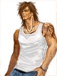  alternate_costume arisue_kanako brown_eyes brown_hair denim facial_hair final_fantasy final_fantasy_x hand_on_hip jeans jecht long_hair looking_at_viewer male_focus messy_hair muscle pants scar smirk solo tattoo white_background 