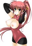  blue_eyes breasts breasts_outside cameltoe covered_navel elbow_gloves gloves highres large_breasts lyrical_nanoha mahou_shoujo_lyrical_nanoha mahou_shoujo_lyrical_nanoha_a's nipples oda_ken'ichi perky_breasts ponytail red_hair signum 