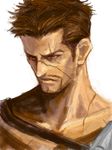  alternate_hairstyle arisue_kanako brown_hair facial_hair final_fantasy final_fantasy_x jecht looking_away male_focus red_eyes scar serious solo white_background 