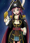  :d bad_id bad_pixiv_id belt blue_eyes cape cravat epaulettes hair_ornament hairclip hand_on_hip hat hat_feather highres katou_marika long_hair miniskirt miniskirt_pirates misibe open_mouth pink_hair pirate pirate_hat skirt skull_and_crossbones sky smile solo star_(sky) starry_sky sword weapon 