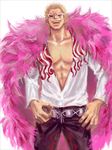  arisue_kanako blonde_hair donquixote_doflamingo feather_boa hands_on_hips male_focus muscle one_piece pants smile solo standing sunglasses 