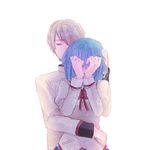  1girl blue_hair closed_eyes comforting grey_hair hug hug_from_behind kamijou_kyousuke lowres mahou_shoujo_madoka_magica miki_sayaka mizuki_(flowerlanguage) school_uniform short_hair 