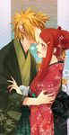  1girl blonde_hair closed_eyes couple forehead_kiss hetero hinell japanese_clothes kimono kiss long_hair namikaze_minato naruto naruto_(series) red_hair spiked_hair uzumaki_kushina 