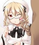  1girl :&lt; bespectacled blonde_hair blush bow cheek_poking cup drill_hair foreskin gisyo glasses hairjob hat hetero luna_child male_pubic_hair penis penis_on_face plate poking pubic_hair red_eyes saucer semi-rimless_eyewear short_hair solo_focus teacup touhou white_background wince wings 